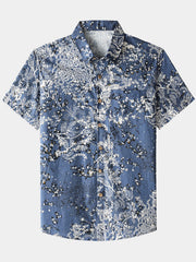 Men’s Artistic Floral Print Short Sleeve Button Up Breathable Cool Casual Shirt