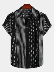 Men's Retro Black Striped and Polka Dot Button Up Short Sleeve Shirt