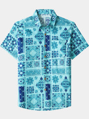 Men’s Retro Hawaiian Print Geometric Patchwork Cotton Breathable Resort Vacation Short Sleeve Shirt