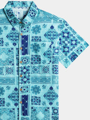 Men’s Retro Hawaiian Print Geometric Patchwork Cotton Breathable Resort Vacation Short Sleeve Shirt