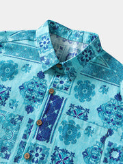 Men’s Retro Hawaiian Print Geometric Patchwork Cotton Breathable Resort Vacation Short Sleeve Shirt