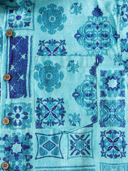 Men’s Retro Hawaiian Print Geometric Patchwork Cotton Breathable Resort Vacation Short Sleeve Shirt