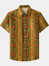 Men’s Summer Beach Vintage Yellow Geometric Cotton Casual Breathable Short Sleeve Shirt