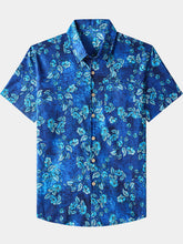 Men’s Vintage Flower Graphics Textured Cotton Casual Button Up Short Sleeve Shirt