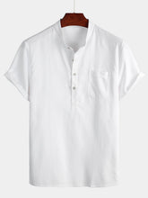 Men's Solid Color Stand Collar Half Button Pocket Front Shirt