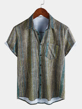 Men’s Vintage Green Striped Hawaiian Button Up Short Sleeve Shirt