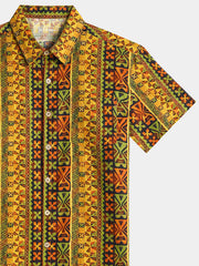Men’s Summer Beach Vintage Yellow Geometric Cotton Casual Breathable Short Sleeve Shirt