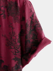 Men's Red Vintage Floral Summer Holiday Hawaiian Breathable Button Up Short Sleeve Shirt