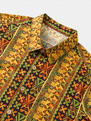 Men’s Summer Beach Vintage Yellow Geometric Cotton Casual Breathable Short Sleeve Shirt