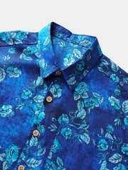 Men’s Vintage Flower Graphics Textured Cotton Casual Button Up Short Sleeve Shirt
