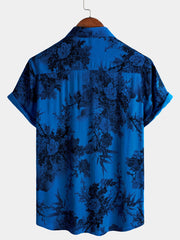 Men's Blue Vintage Floral Summer Holiday Hawaiian Breathable Button Up Short Sleeve Shirt