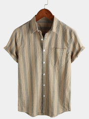 Men's Striped Cotton Casual Pocket Hawaiian Holiday Button Up Short Sleeve Shirt