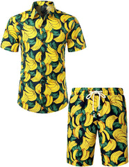 Men's Lemon Print Cotton Tropical Fruit Hawaiian Shirt and Shorts Set