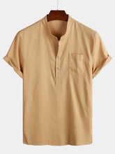 Men's Solid Color Stand Collar Half Button Pocket Front Shirt
