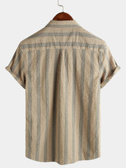 Men's Striped Cotton Casual Pocket Hawaiian Holiday Button Up Short Sleeve Shirt