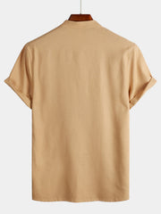 Men's Solid Color Stand Collar Half Button Pocket Front Shirt