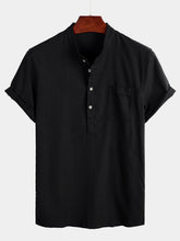 Men's Solid Color Stand Collar Half Button Pocket Front Shirt