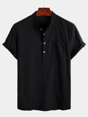 Men's Solid Color Stand Collar Half Button Pocket Front Shirt