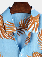 Men's Blue Tropical Leaf Print Pocket Short Sleeve Shirt