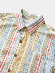 Men’s Vertical Striped Cotton Breathable Cool Resort Vacation Short Sleeve Shirt