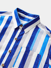 Men’s Retro Coastal Stripe Cotton Cool Comfort Beach Party Holiday Short Sleeve Shirt