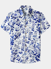 Men’s Blue Floral Short Sleeve Button Down Breathable Cool Casual Summer Shirt