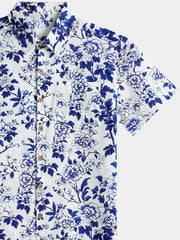 Men’s Blue Floral Short Sleeve Button Down Breathable Cool Casual Summer Shirt