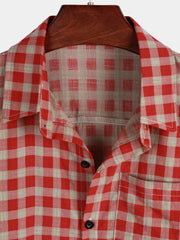Men's Check Print Cotton Pocket Short Sleeve Shirt