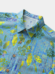 Men’s Camp Barbecue Retro Leaf Pattern Cotton Short Sleeve Breathable Shirt