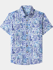 Men’s Hawaiian Geometric Floral Cotton Breathable Cool Resort Vacation Short Sleeve Shirt