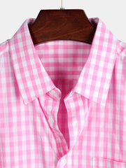 Men's Pink Casual Solid Color Plaid Cotton Pocket Short Sleeve Shirt