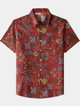 Men’s Short Sleeve Cotton Retro Red Geometric Patchwork Shirt