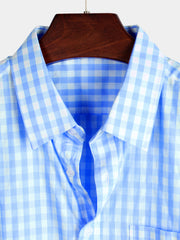 Men's Casual Solid Color Plaid Cotton Pocket Short Sleeve Shirt