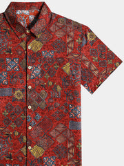Men’s Short Sleeve Cotton Retro Red Geometric Patchwork Shirt