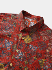 Men’s Short Sleeve Cotton Retro Red Geometric Patchwork Shirt