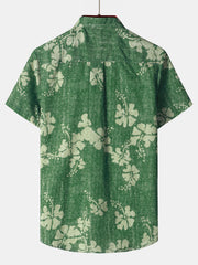 Men's Floral Hawaiian Pocket Green Button Up Short Sleeve Shirt
