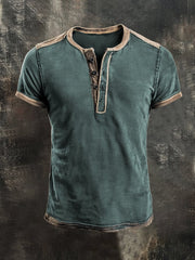 Men'S Retro Colorblock Casual Henley Short Sleeve Top