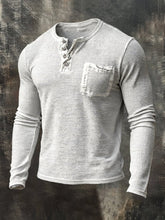 Men's Retro Distressed Waffle Casual Henley Collar Long-Sleeve Top
