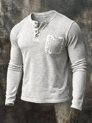 Men's Retro Distressed Waffle Casual Henley Collar Long-Sleeve Top