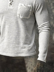 Men's Retro Distressed Waffle Casual Henley Collar Long-Sleeve Top