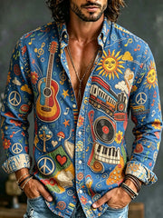 Men's Fun Hippie Guitar Record Train Mushroom Musical Note Print Long-sleeve Shirt