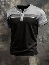 Men'S Vintage-Style Color-Block Short-Sleeved T-Shirt With Henley Collar
