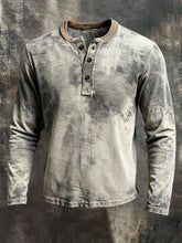 Men'S Vintage Distressed Color-Block Henley Neck Long-Sleeved T-Shirt