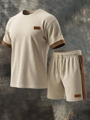 Men's Retro Waffle Color-Blocking Casual Suit (Short Sleeves + Elastic Waist Shorts)
