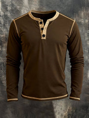 Men's Retro Stitching Contrast Color Henley Collar Long Sleeve T-Shirt