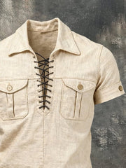 Men's Retro Cotton Linen Tie-Waist Short-Sleeve T-Shirt