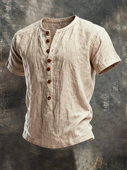 Men's Vintage Cotton and Linen Henley Collar Short-Sleeved T-Shirt