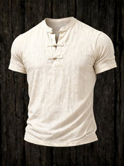 Men'S Cotton And Linen Ethnic Style Short-Sleeved T-Shirt With Chinese Knot Buttons