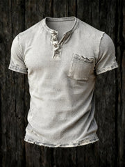 Men's Retro Distressed Waffle Casual Henley Collar Short-Sleeve Top