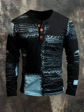 Men's Retro Stitching Contrast Color Henley Collar Long Sleeve T-Shirt